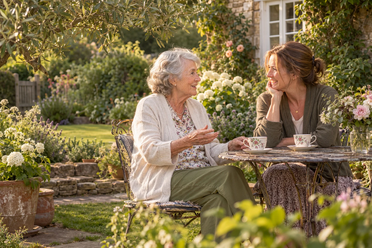 Illustrative scene of an older woman and a companion enjoying conversation over tea in an English garden