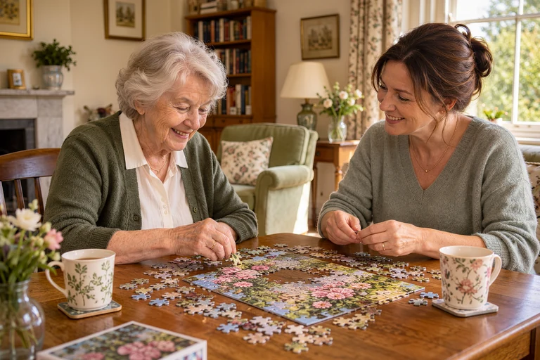 Illustrative scene of an older woman and a companion enjoying a jigsaw puzzle together at home